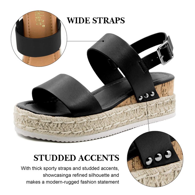 Athlefit Women's Espadrilles Platform Wedge Sandals Casual Open Toe Ankle Strap Buckle Summer Sandals, Black, Size 9.5, AD00502 - Image 5